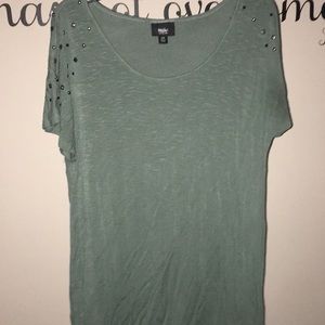 Army green top with beading on shoulders